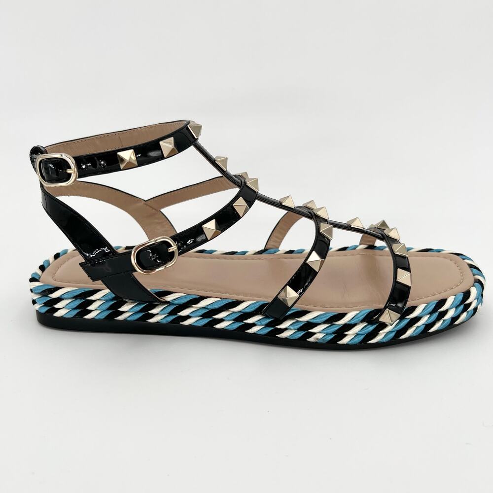 VALENTINO GARAVANI Rockstud Caged Leather Sandals EU 38 US 8 Blue Black Flats
